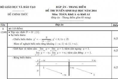 Đáp án chính thức đề thi đại học môn toán khối a năm 2014 của Bộ giáo dục